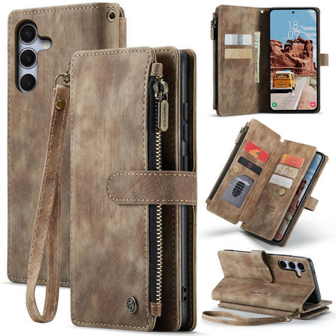 Samsung Galaxy S26 Plus Cover - Brown -  CaseMe Premium Vintage Leather Folio Zipper Wallet Case with Magnetic Closure and 7 Card Slots