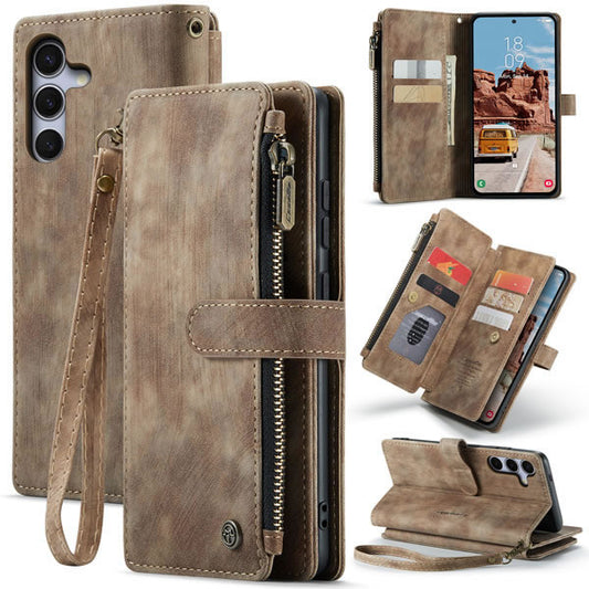 Samsung Galaxy S25 FE Cover - Brown -  CaseMe Premium Vintage Leather Folio Zipper Wallet Case with Magnetic Closure and 7 Card Slots