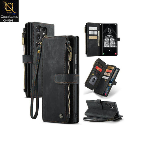 Samsung Galaxy S25 Ultra Cover - Black -  CaseMe Premium Vintage Leather Folio Zipper Wallet Case with Magnetic Closure and 7 Card Slots