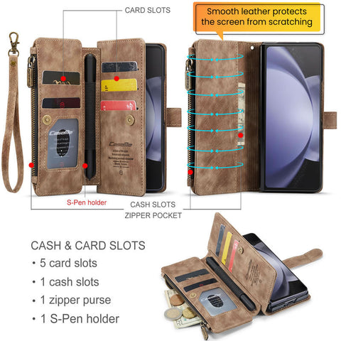 Samsung Galaxy Z Fold 5 5G Cover - Brown -  CaseMe Premium Vintage Leather Folio Zipper Wallet Case with Magnetic Closure and 7 Card Slots