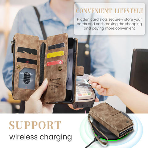 Samsung Galaxy Z Fold 5 5G Cover - Brown -  CaseMe Premium Vintage Leather Folio Zipper Wallet Case with Magnetic Closure and 7 Card Slots