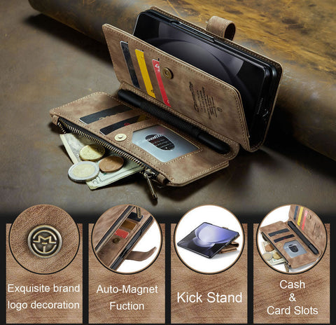 Samsung Galaxy Z Fold 5 5G Cover - Brown -  CaseMe Premium Vintage Leather Folio Zipper Wallet Case with Magnetic Closure and 7 Card Slots