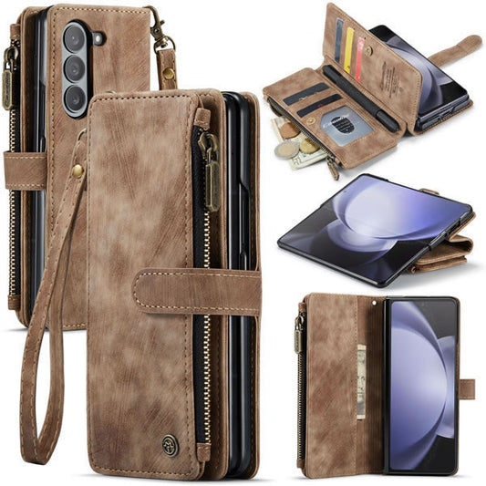 Samsung Galaxy Z Fold 5 5G Cover - Brown -  CaseMe Premium Vintage Leather Folio Zipper Wallet Case with Magnetic Closure and 7 Card Slots