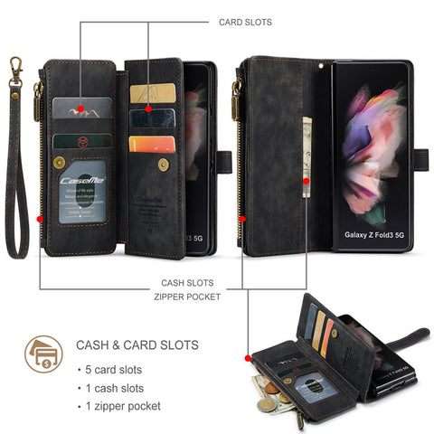 Samsung Galaxy Z Fold 3 5G Cover - Black -  CaseMe Premium Vintage Leather Folio Zipper Wallet Case with Magnetic Closure and 7 Card Slots