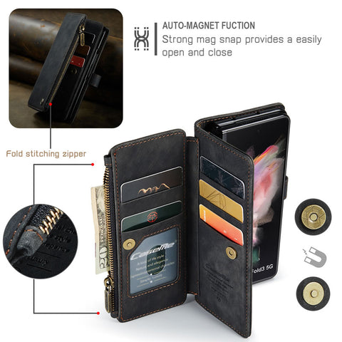 Samsung Galaxy Z Fold 4 5G Cover - Black -  CaseMe Premium Vintage Leather Folio Zipper Wallet Case with Magnetic Closure and 7 Card Slots