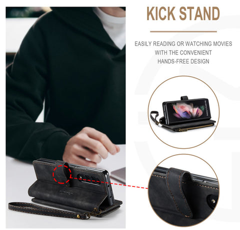 Samsung Galaxy Z Fold 3 5G Cover - Black -  CaseMe Premium Vintage Leather Folio Zipper Wallet Case with Magnetic Closure and 7 Card Slots