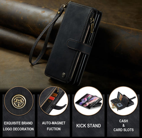 Samsung Galaxy Z Fold 4 5G Cover - Black -  CaseMe Premium Vintage Leather Folio Zipper Wallet Case with Magnetic Closure and 7 Card Slots