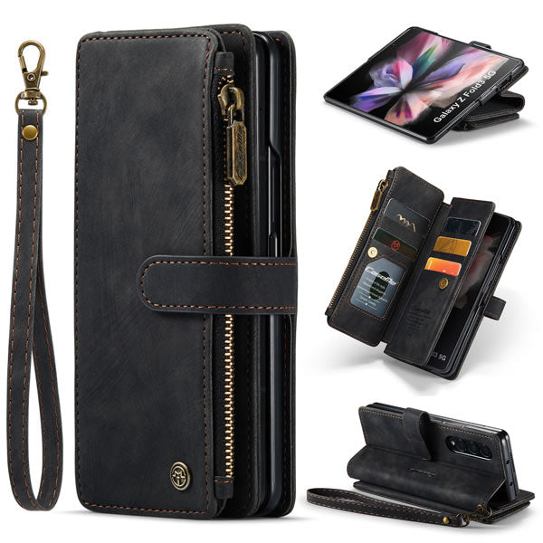 Samsung Galaxy Z Fold 3 5G Cover - Black -  CaseMe Premium Vintage Leather Folio Zipper Wallet Case with Magnetic Closure and 7 Card Slots