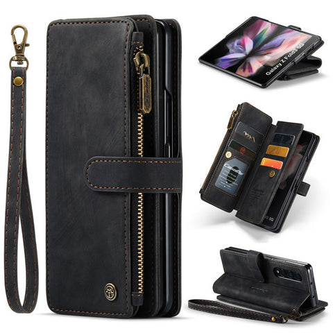 Samsung Galaxy Z Fold 3 5G Cover - Black -  CaseMe Premium Vintage Leather Folio Zipper Wallet Case with Magnetic Closure and 7 Card Slots