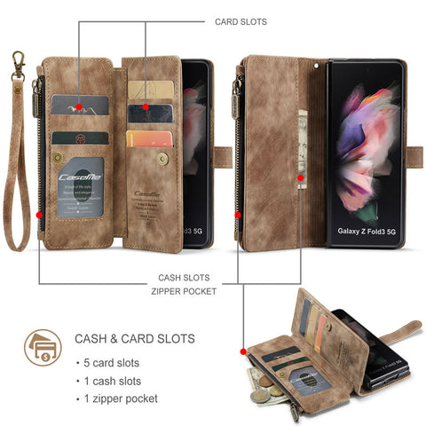 Samsung Galaxy Z Fold 3 5G Cover - Brown -  CaseMe Premium Vintage Leather Folio Zipper Wallet Case with Magnetic Closure and 7 Card Slots