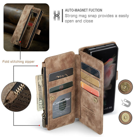 Samsung Galaxy Z Fold 3 5G Cover - Brown -  CaseMe Premium Vintage Leather Folio Zipper Wallet Case with Magnetic Closure and 7 Card Slots