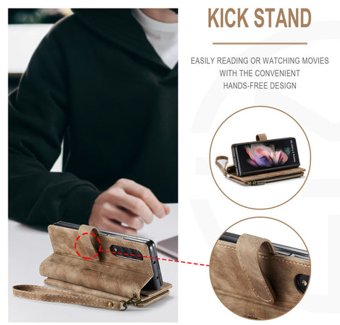 Samsung Galaxy Z Fold 3 5G Cover - Brown -  CaseMe Premium Vintage Leather Folio Zipper Wallet Case with Magnetic Closure and 7 Card Slots