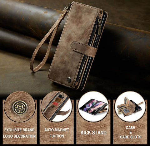 Samsung Galaxy Z Fold 3 5G Cover - Brown -  CaseMe Premium Vintage Leather Folio Zipper Wallet Case with Magnetic Closure and 7 Card Slots