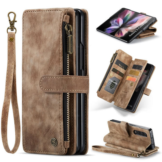 Samsung Galaxy Z Fold 3 5G Cover - Brown -  CaseMe Premium Vintage Leather Folio Zipper Wallet Case with Magnetic Closure and 7 Card Slots