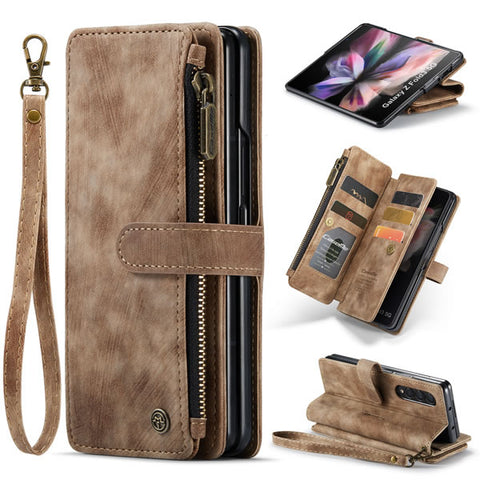 Samsung Galaxy Z Fold 3 5G Cover - Brown -  CaseMe Premium Vintage Leather Folio Zipper Wallet Case with Magnetic Closure and 7 Card Slots
