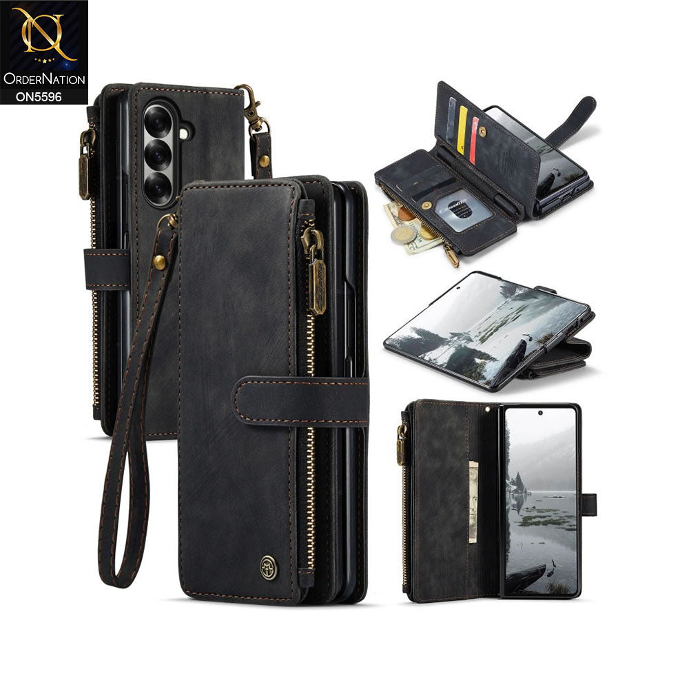 Samsung Galaxy Z Fold 7 Cover - Black -  CaseMe Premium Vintage Leather Folio Zipper Wallet Case with Magnetic Closure and 7 Card Slots