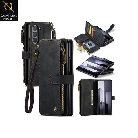 Samsung Galaxy Z Fold 6 5G Cover - Black -  CaseMe Premium Vintage Leather Folio Zipper Wallet Case with Magnetic Closure and 7 Card Slots