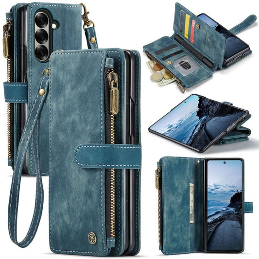 Samsung Galaxy Z Fold 7 Cover - Blue -  CaseMe Premium Vintage Leather Folio Zipper Wallet Case with Magnetic Closure and 7 Card Slots