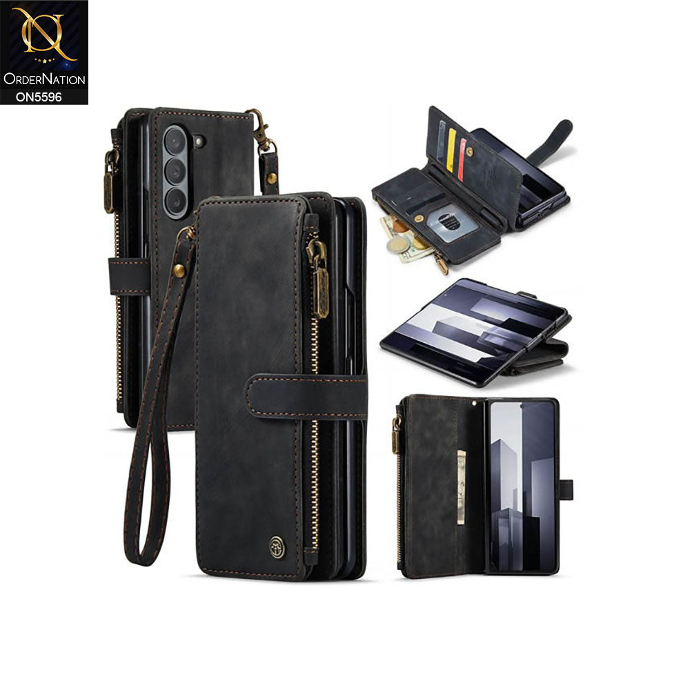 Samsung Galaxy Z Fold 5 5G Cover - Black -  CaseMe Premium Vintage Leather Folio Zipper Wallet Case with Magnetic Closure and 7 Card Slots