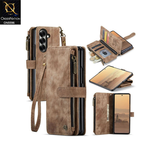 Samsung Galaxy Z Fold 7 Cover - Brown -  CaseMe Premium Vintage Leather Folio Zipper Wallet Case with Magnetic Closure and 7 Card Slots