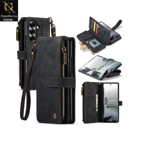 Samsung Galaxy Z Fold 7 Cover - Black -  CaseMe Premium Vintage Leather Folio Zipper Wallet Case with Magnetic Closure and 7 Card Slots