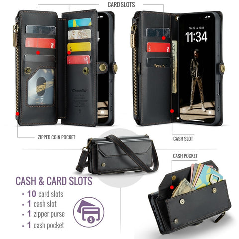 iPhone 17 Pro Max Cover - Black - aseMe Samsung  RFID Blocking Zipper Wallet Leather Case with Crossbody Strap