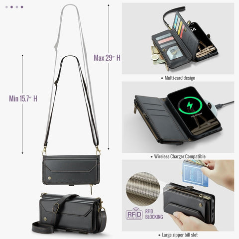iPhone 17 Pro Max Cover - Black - aseMe Samsung  RFID Blocking Zipper Wallet Leather Case with Crossbody Strap