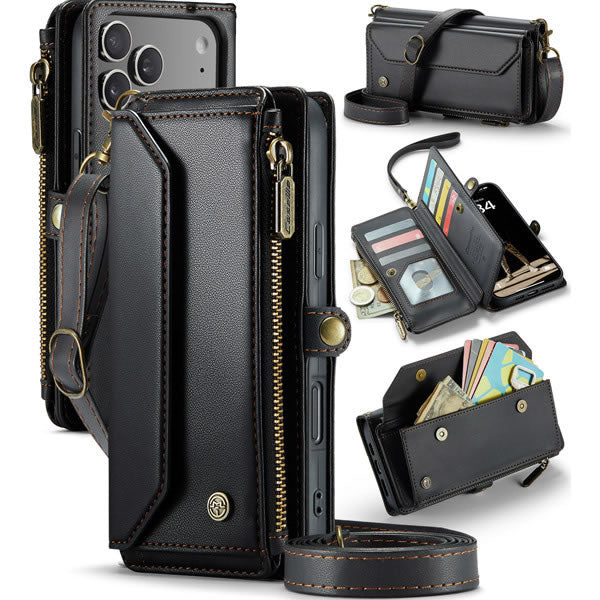 iPhone 17 Pro Max Cover - Black - aseMe Samsung  RFID Blocking Zipper Wallet Leather Case with Crossbody Strap