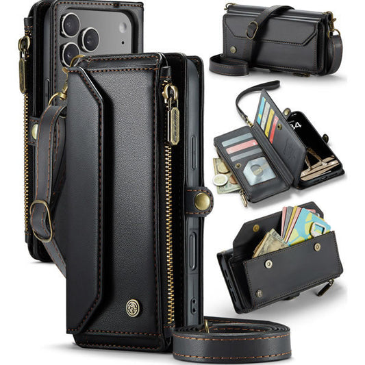 iPhone 17 Pro Max Cover - Black - aseMe Samsung  RFID Blocking Zipper Wallet Leather Case with Crossbody Strap