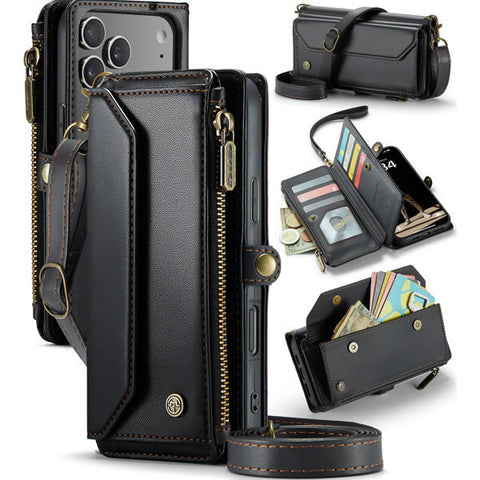 iPhone 17 Pro Max Cover - Black - aseMe Samsung  RFID Blocking Zipper Wallet Leather Case with Crossbody Strap