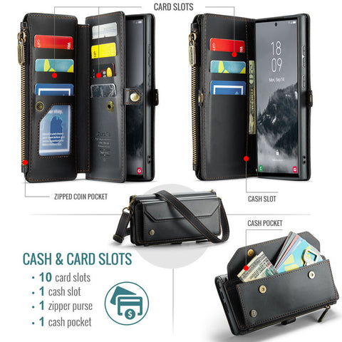 Samsung Galaxy S25 Ultra Cover - Black - aseMe Samsung  RFID Blocking Zipper Wallet Leather Case with Crossbody Strap
