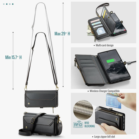Samsung Galaxy S26 Ultra Cover - Black - aseMe Samsung  RFID Blocking Zipper Wallet Leather Case with Crossbody Strap