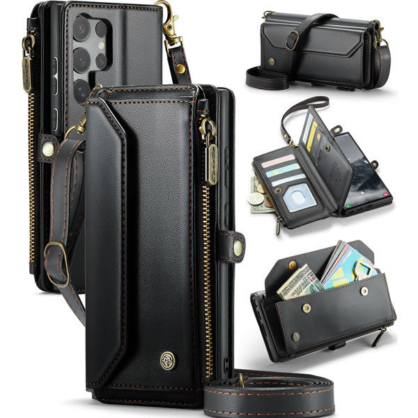 Samsung Galaxy S26 Ultra Cover - Black - aseMe Samsung  RFID Blocking Zipper Wallet Leather Case with Crossbody Strap