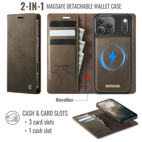 iPhone 17 Pro Max Cover - Brown - CaseMe Premium High Quality Deattachable Super Magnetic Flip Case With Card Holding Slots