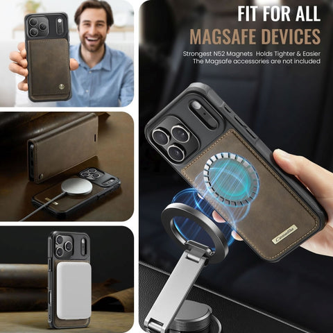 iPhone 17 Pro Max Cover - Brown - CaseMe Premium High Quality Deattachable Super Magnetic Flip Case With Card Holding Slots