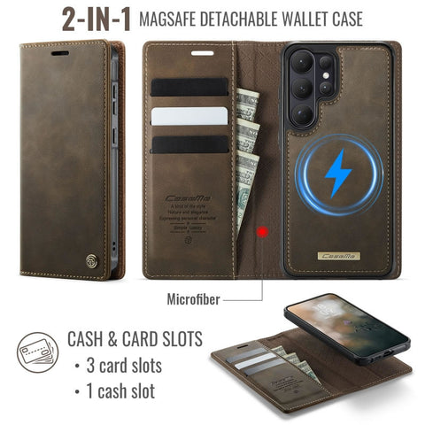 Samsung Galaxy S26 Ultra Cover - Brown - CaseMe Premium High Quality Deattachable Super Magnetic Flip Case With Card Holding Slots