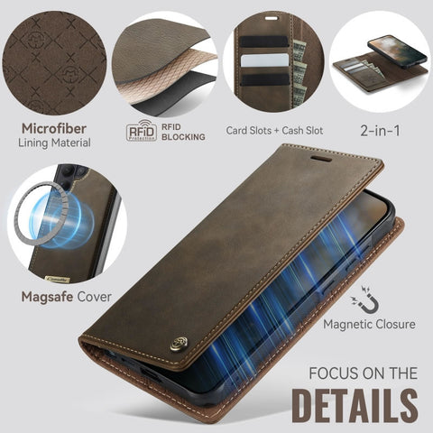 Samsung Galaxy S25 Ultra Cover - Brown - CaseMe Premium High Quality Deattachable Super Magnetic Flip Case With Card Holding Slots