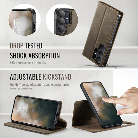 Samsung Galaxy S25 Ultra Cover - Brown - CaseMe Premium High Quality Deattachable Super Magnetic Flip Case With Card Holding Slots