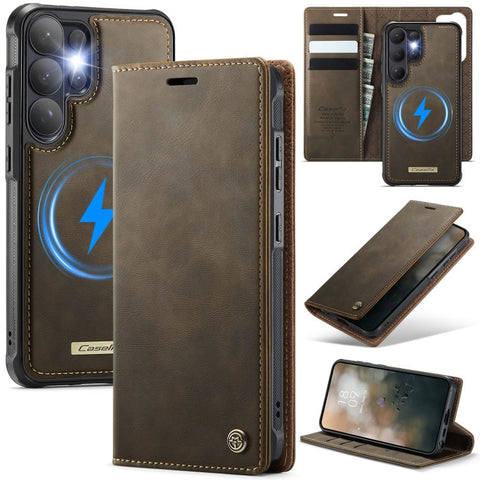 Samsung Galaxy S25 Ultra Cover - Brown - CaseMe Premium High Quality Deattachable Super Magnetic Flip Case With Card Holding Slots