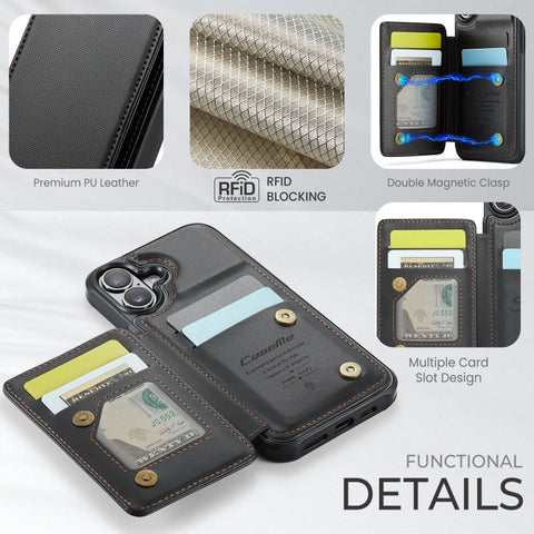 iPhone 17 Cover - Black - CaseMe Premium Wallet Case with RFID Blocking & Kickstand Black