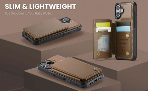 iPhone 17 Cover - Brown - CaseMe Premium Wallet Case with RFID Blocking & Kickstand Black