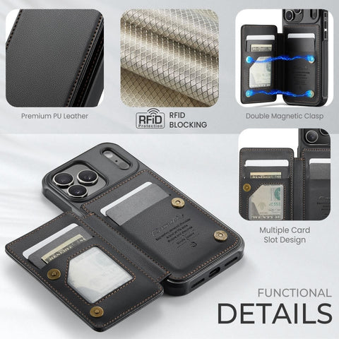 iPhone 17 Pro Max Cover - Black - CaseMe Premium Wallet Case with RFID Blocking & Kickstand Black