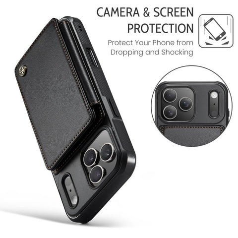 iPhone 17 Pro Max Cover - Black - CaseMe Premium Wallet Case with RFID Blocking & Kickstand Black