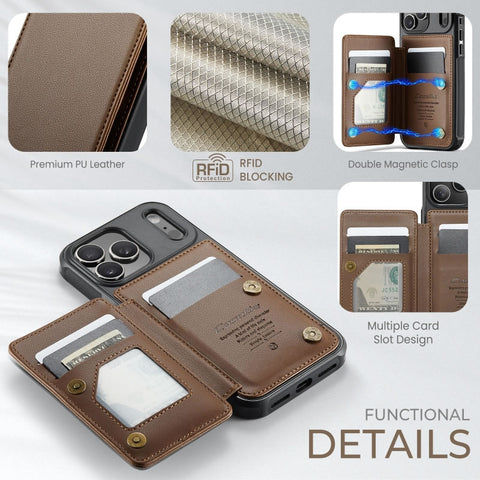 iPhone 17 Pro Max Cover - Brown - CaseMe Premium Wallet Case with RFID Blocking & Kickstand Black