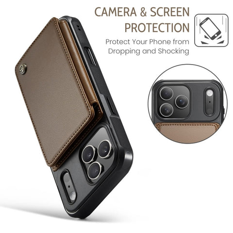 iPhone 17 Pro Max Cover - Brown - CaseMe Premium Wallet Case with RFID Blocking & Kickstand Black