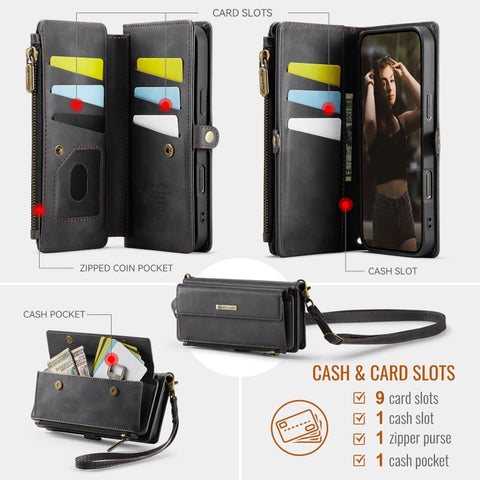 Samsung Galaxy S25 Ultra Cover - Black - CaseMe Zipper Wallet RFID Anti-theft Leather Phone Case with Wrist Strap