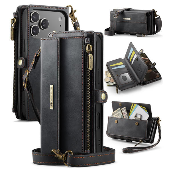 iPhone 17 Pro Max Cover - Black - CaseMe Zipper Wallet RFID Anti-theft Leather Phone Case with Wrist Strap