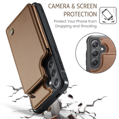 Samsung Galaxy S25 FE Cover - Brown - CaseMe Premium Wallet Case with RFID Blocking & Kickstand Black