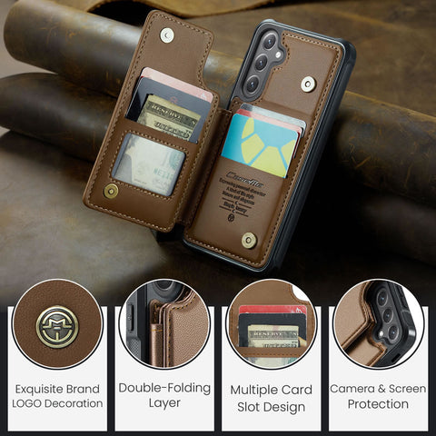 Samsung Galaxy S25 FE Cover - Brown - CaseMe Premium Wallet Case with RFID Blocking & Kickstand Black