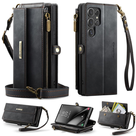 Samsung Galaxy S26 Ultra Cover - Black - CaseMe Zipper Wallet RFID Anti-theft Leather Phone Case with Wrist Strap